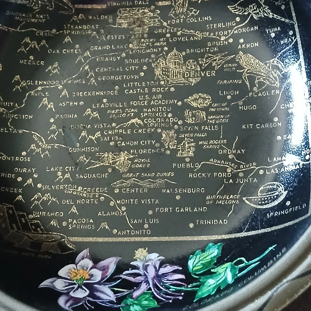 Vintage Black and Gold Colorado Map Serving Bowl 1960